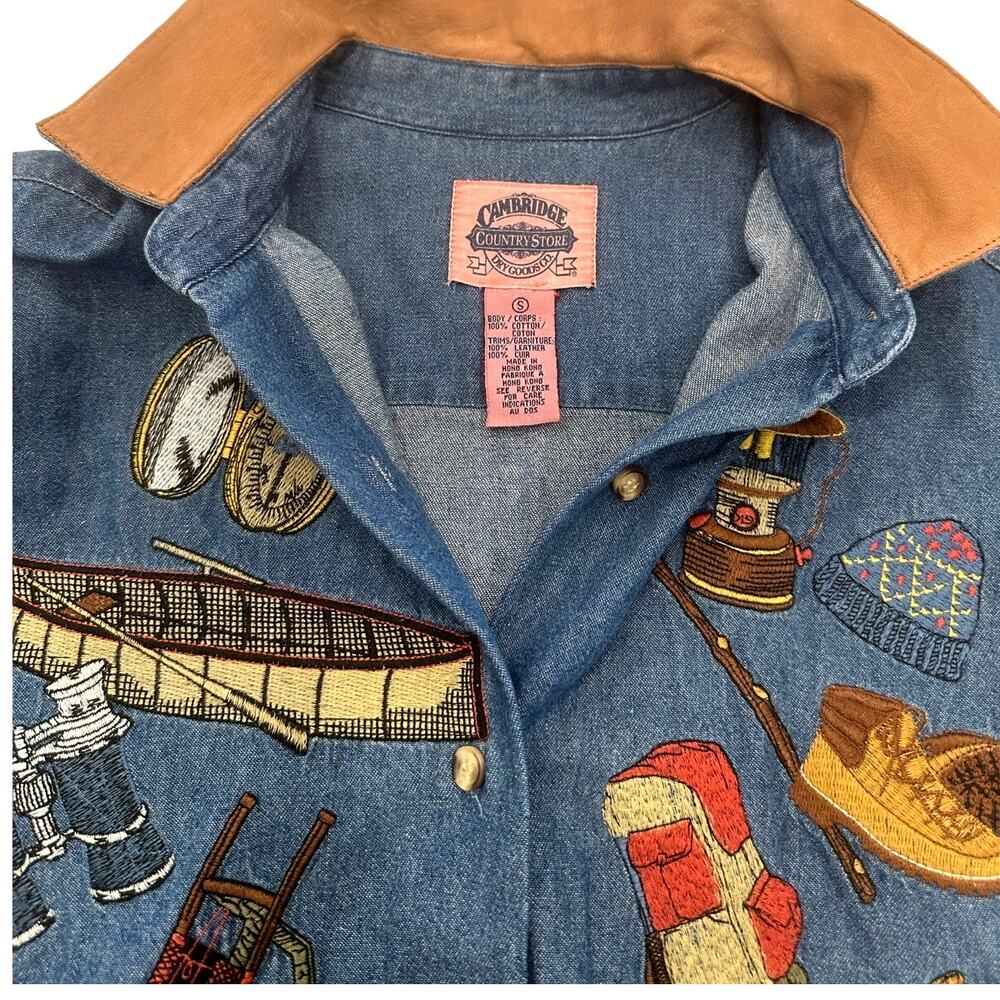 Cambridge Dry Goods Country Store Women’s Denim Embroidered Leather Collar Shirt - Picture 8 of 13